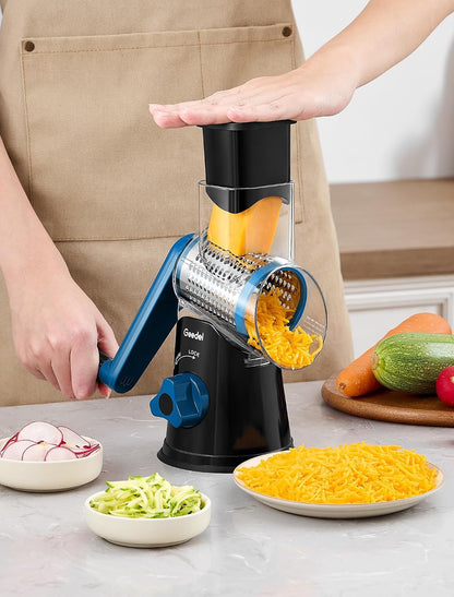Geedel Rotary Cheese Grater, Kitchen Mandoline Vegetable Slicer with 3 Interchangeable Blades, Easy to Clean Rotary Grater Slicer for Cheese, Vegetables, Nuts