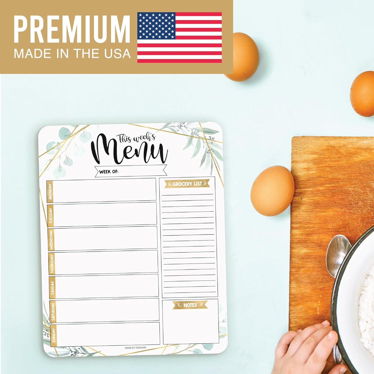 Hadley Designs Weekly Meal Planner for Fridge - Dinner Menu Board for Kitchen, Greenery Weekly Menu Board Dry Erase, Dry Erase Meal Planner for Fridge