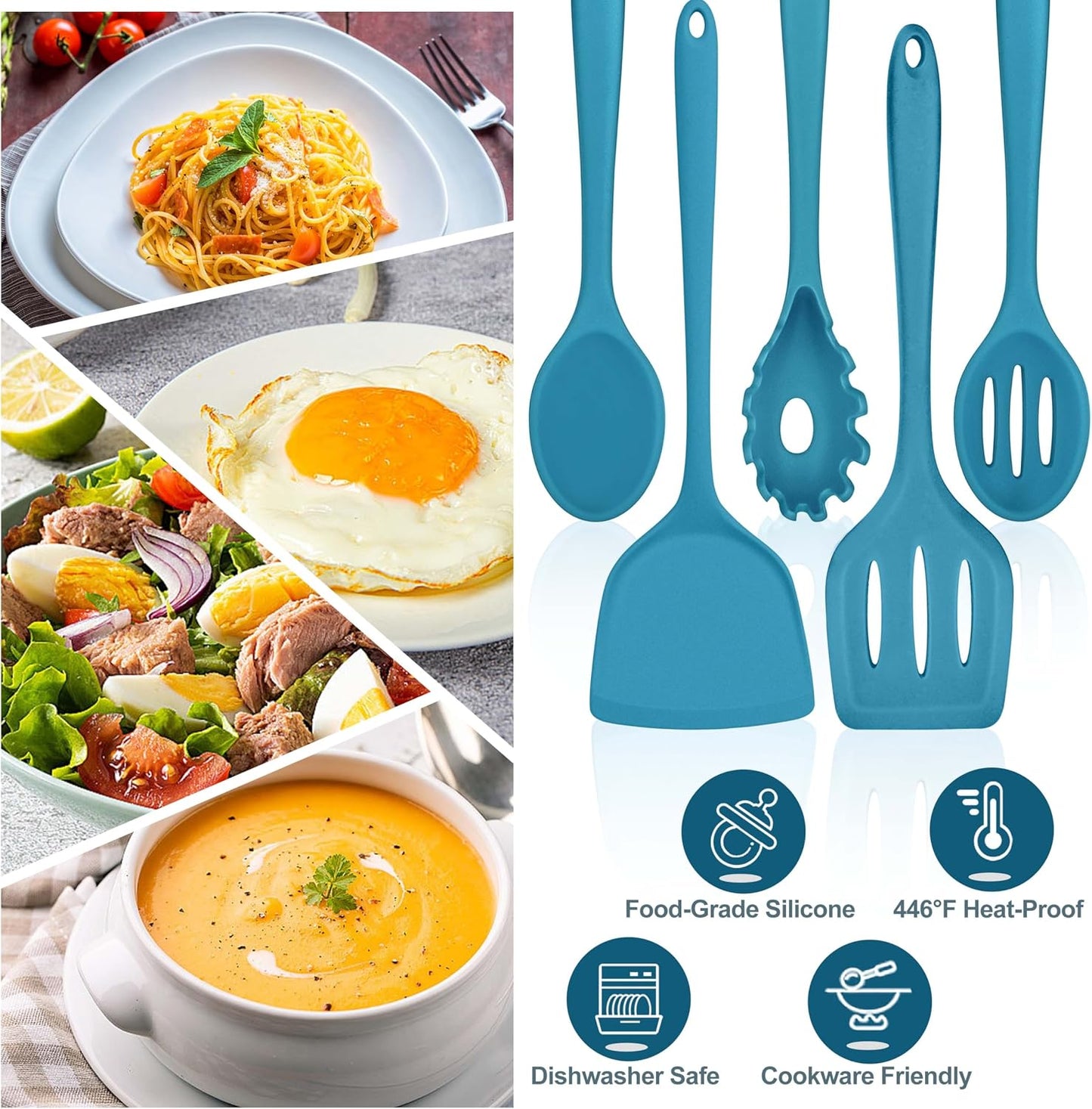 TeamFar Silicone Cooking Utensils Set, 5-Piece Heat Resistant Kitchen Utensils Set, Nonstick Slotted Solid Spoon Turner Pasta Server for Frying, Serving, Mixing, Non-Toxic & Dishwasher Safe, Black