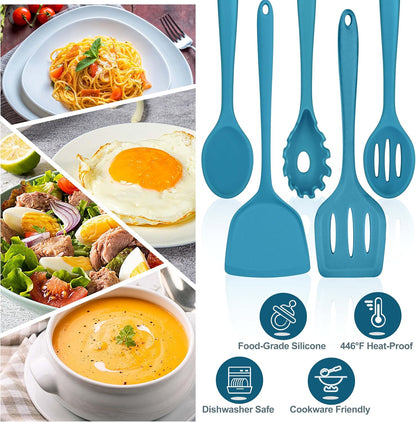 TeamFar Silicone Cooking Utensils Set, 5-Piece Heat Resistant Kitchen Utensils Set, Nonstick Slotted Solid Spoon Turner Pasta Server for Frying, Serving, Mixing, Non-Toxic & Dishwasher Safe, Black