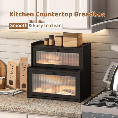 FILWH Bread Box for Kitchen Countertop Double Layer Large Corner Bread Box Capacity Bread Storage Bin Farmhouse Breadbox Container Organizer Cabinet Cupboard Black