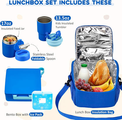 Pawtong Lunch Box Set with Bento Box Container, 17OZ Stainless Steel Food Soup Thermo, Kids Water Bottle & Portable Insulated Lunch Bag, Leakproof, Hot/Cold Retention for School, Travel (Purple-Horse)