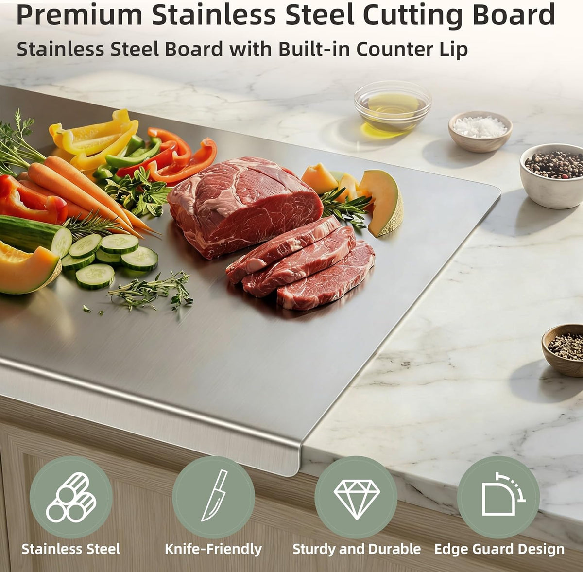Stainless Steel Cutting Board Set with Lip, 2 Pack 16" & 24" Metal Chopping Boards for Kitchen Countertop, Non-Slip Food Prep Boards for Meat & Vegetables