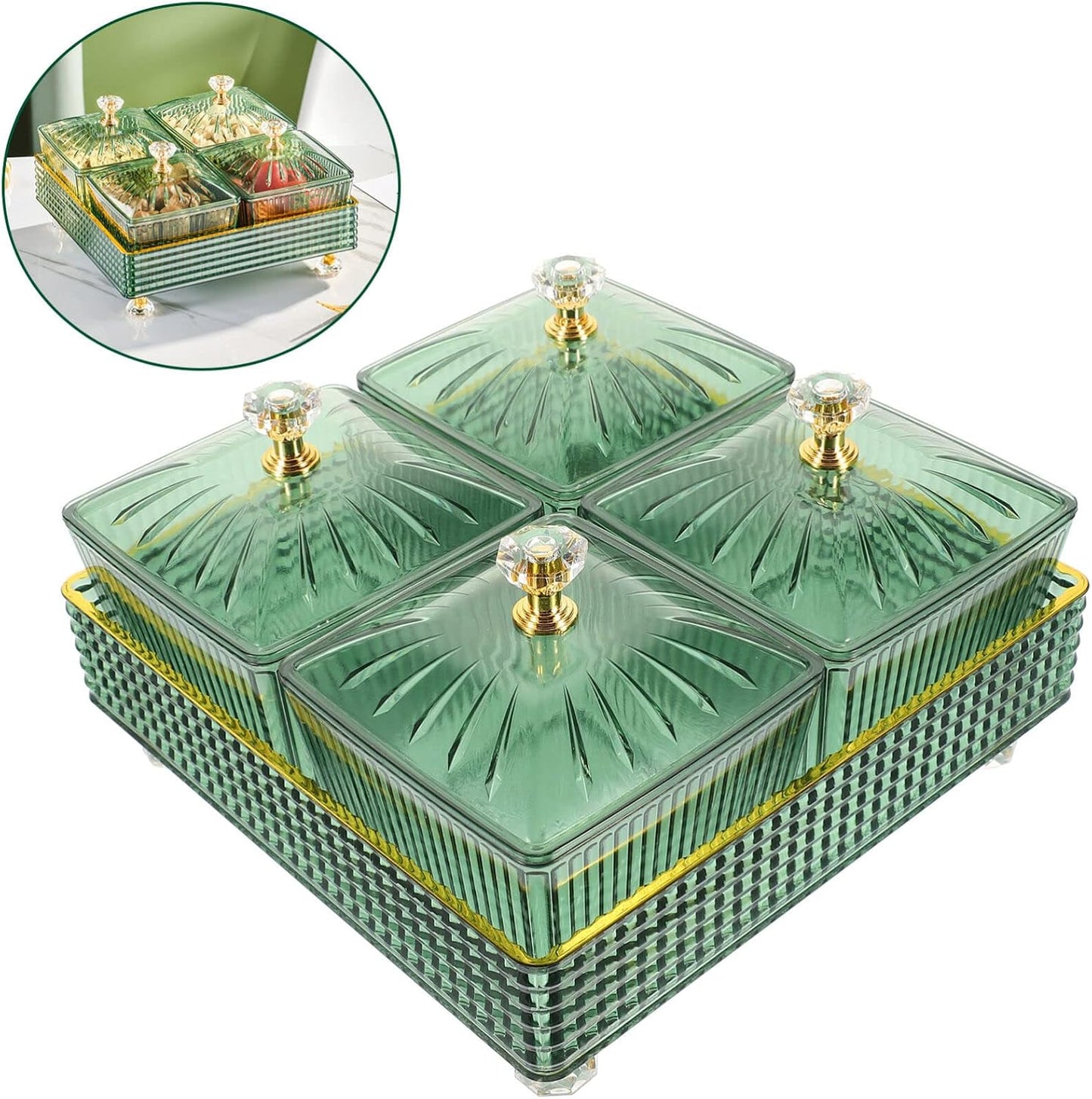 Luxshiny 7.28 Inch Snack Platter with 4 Covered Bowls and Tray Divided Serving Plate for Dried Fruit Candy Nuts Party and Home Entertaining Food Storage Bowl