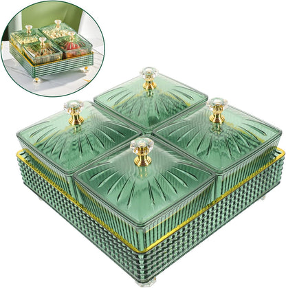 Luxshiny 7.28 Inch Snack Platter with 4 Covered Bowls and Tray Divided Serving Plate for Dried Fruit Candy Nuts Party and Home Entertaining Food Storage Bowl