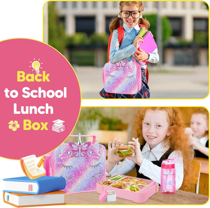 JYPS Lunch Box for Girls-Insulated Lunch Bag,Kids Bento Box with 6 Compartment,Water Bottle,Ice Pack,Salad Container,Perfect Lunch Container for Kids and Toddlers Back to School Age 7-15(Purple M)