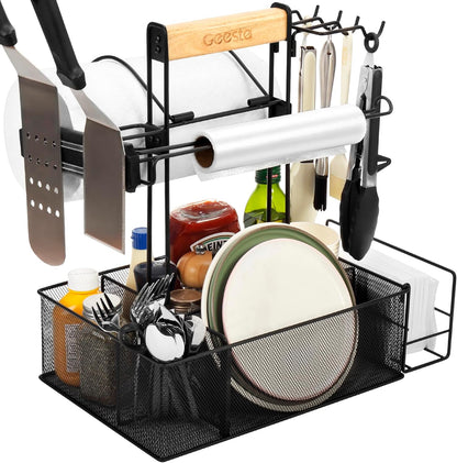 Geesta Grill Caddy for Outdoor Grill, BBQ Picnic Camping Caddy with Paper Towel Holder & Magnetic Tool Holder, Condiment Storage Utensil Kitchen Organizer for RV Camper, Tailgate Accessories