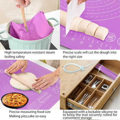 Silicone Baking Mat 28" x 20" Extra Thickness Dough Rolling Mat with Measurements and Edge Heightening, Non-stick Food Grade Silicone Pastry Mat for Pastry, Bread, Cookies, Pizza, Fondant, Pasta-Black