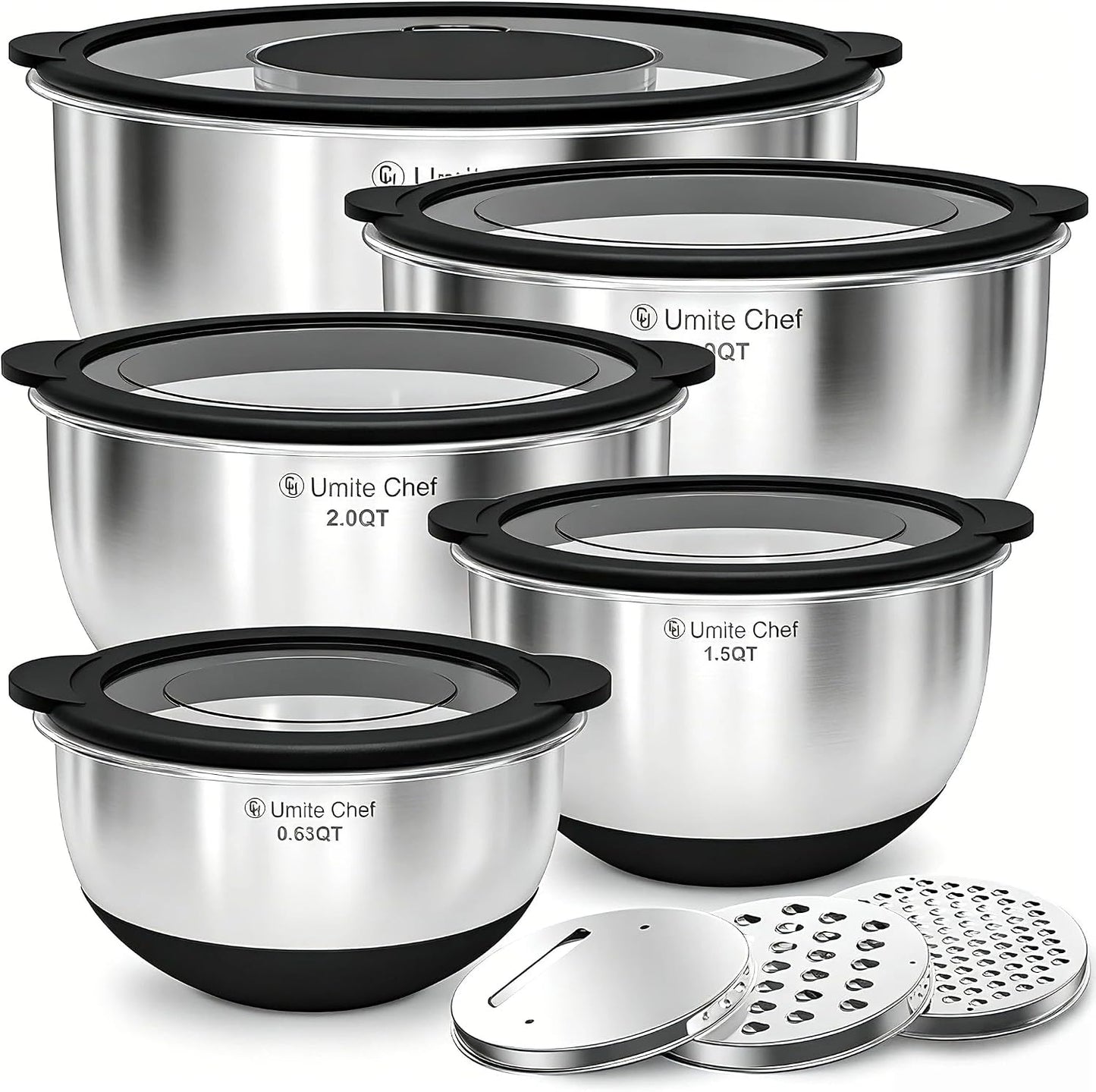 Mixing Bowles Set with Lids Set - Warp-Proof TPR-AS Lids, Stainless Steel Mixing Bowl with 3 Graters & Measuring Lines, Non-Slip Bowls for Baking, Prep, Airtight Food Storage (Khaki 5/3/2/1.5/0.63QT)