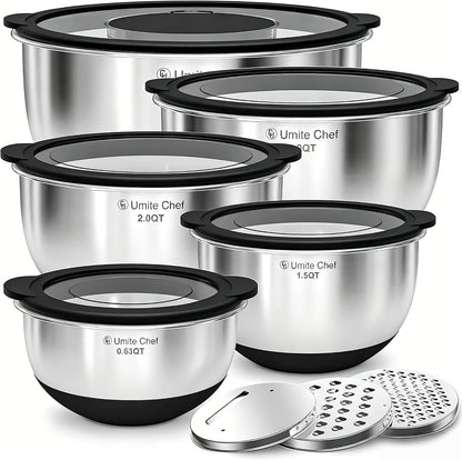 Mixing Bowles Set with Lids Set - Warp-Proof TPR-AS Lids, Stainless Steel Mixing Bowl with 3 Graters & Measuring Lines, Non-Slip Bowls for Baking, Prep, Airtight Food Storage (Khaki 5/3/2/1.5/0.63QT)
