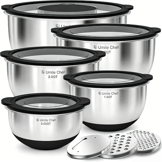 Mixing Bowles Set with Lids Set - Warp-Proof TPR-AS Lids, Stainless Steel Mixing Bowl with 3 Graters & Measuring Lines, Non-Slip Bowls for Baking, Prep, Airtight Food Storage (Khaki 5/3/2/1.5/0.63QT)