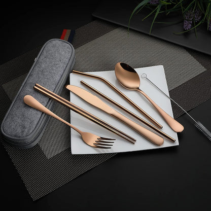 DEVICO Camping Utensils, 8-Piece Full-Size Reusable Silverware for Lunch Adult, Stainless Steel Portable Fork Spoon Knife Set for Work, Travel Cutlery Set with Case and Chopsticks Straws (Rainbow)