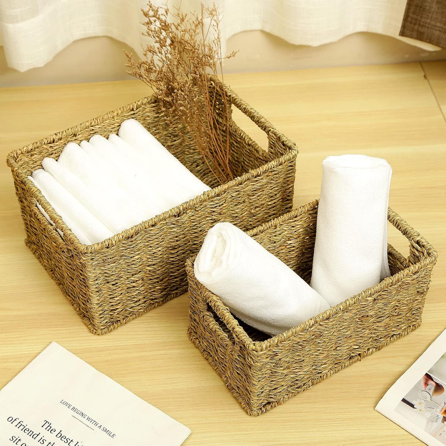 HOONEX Water Hyacinth Storage Baskets, Wicker Baskets for Storage, Hand Woven Baskets with Carry Handles, Set of 2, Natural