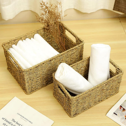 HOONEX Water Hyacinth Storage Baskets, Wicker Baskets for Storage, Hand Woven Baskets with Carry Handles, Set of 2, Natural
