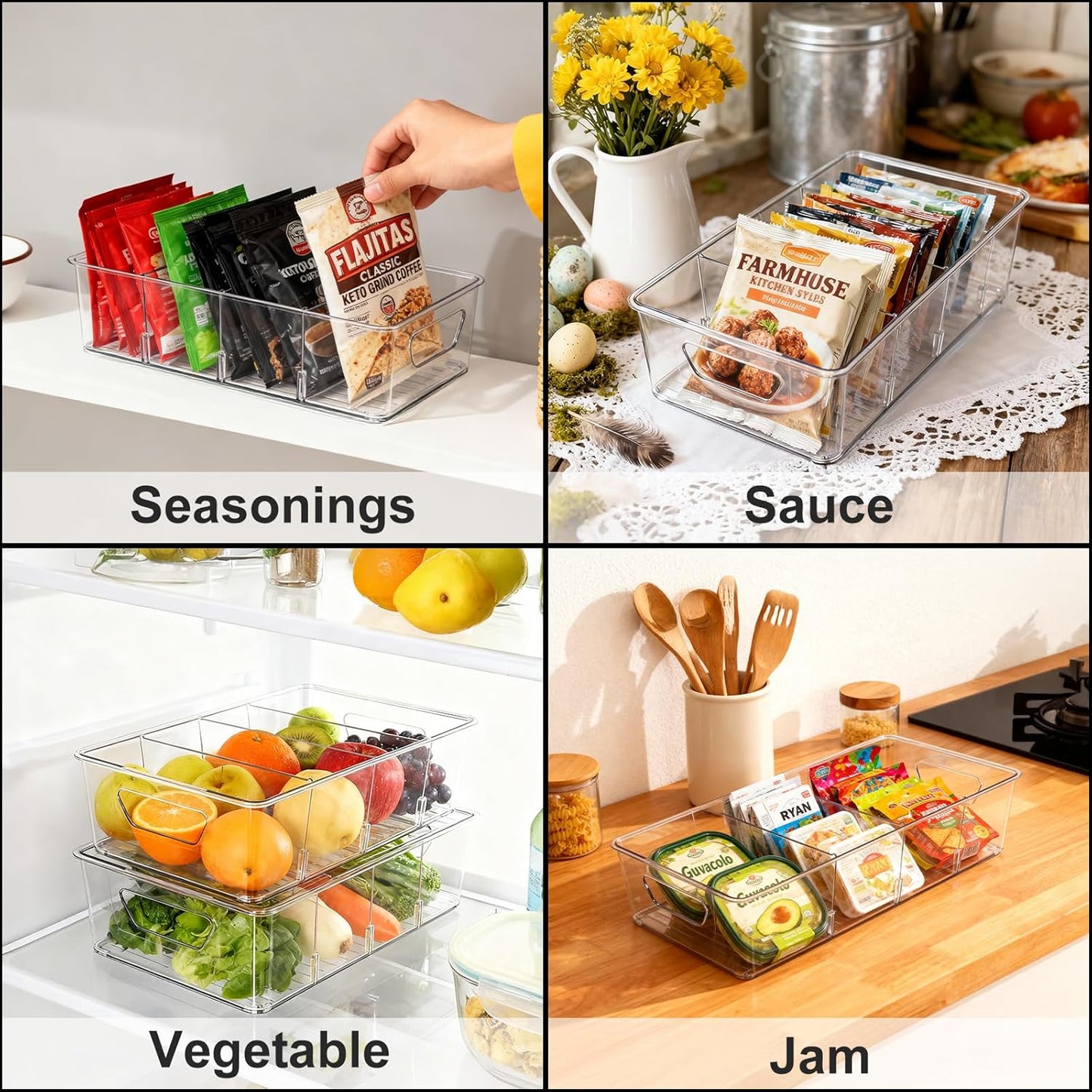 2 Pcs Seasoning Packet Organizer with Detachable Dividers, Storage Organizer Box for Cabinet, Kitchen Snacks Spice Packets Organizer and packet organizer pantry