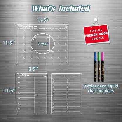Clear Non-Magnetic Meal Planner Set for Fridge - Dry Erase Transparent Menu and List Board - Sticks to Wall, Glass, Door, Any Smooth Surfaces