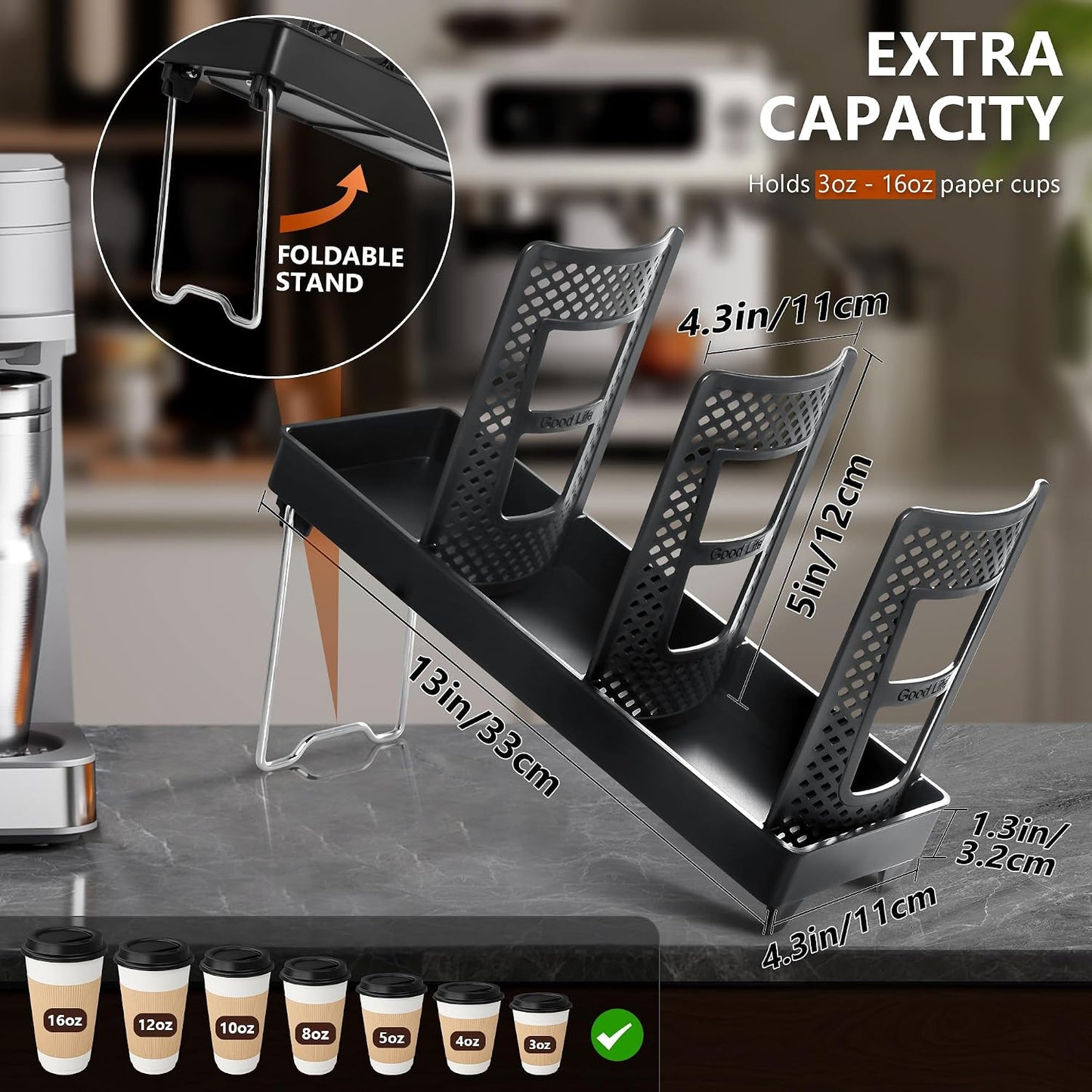 Paper Cup and Lid Holder, Disposable Coffee Cup Dispenser, 3-Slot Upright Paper Cup Dispenser for Coffee Stations, Kitchens, Bars, Restaurants, Lounges (Black)