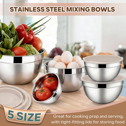E-far Mixing Bowls With Lids Sets of 5, 10-Piece Stainless Steel Salad Metal Nesting Bowl for Baking Cooking and Prepping, Airtight Lid & Stackable Design, Size 4.6, 3, 2.1, 1.5, 0.7 QT, Black