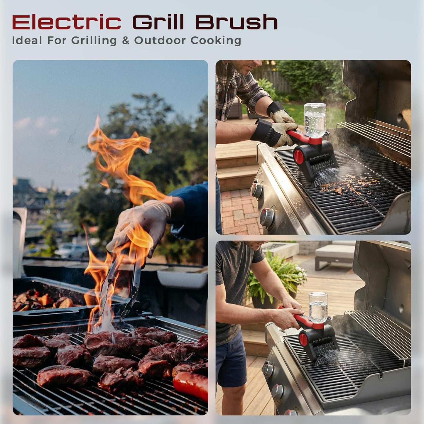 Electric Grill Brush, 100W High Power Cordless BBQ Cleaner with 300ml Water Spray Tank, IPX8 Waterproof Automatic Scrubber for Gas Charcoal Grills, 2-Speed Rechargeable Power Brush with Scraper