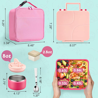 MAXSO Bento Lunch Box Set with 8 oz Soup Thermo, Kids Leakproof 4 Compartments Hot Food Container with Sauce Cup, Ice Pack and Lunch Bag, Child Insulated Food Jar for School - Black