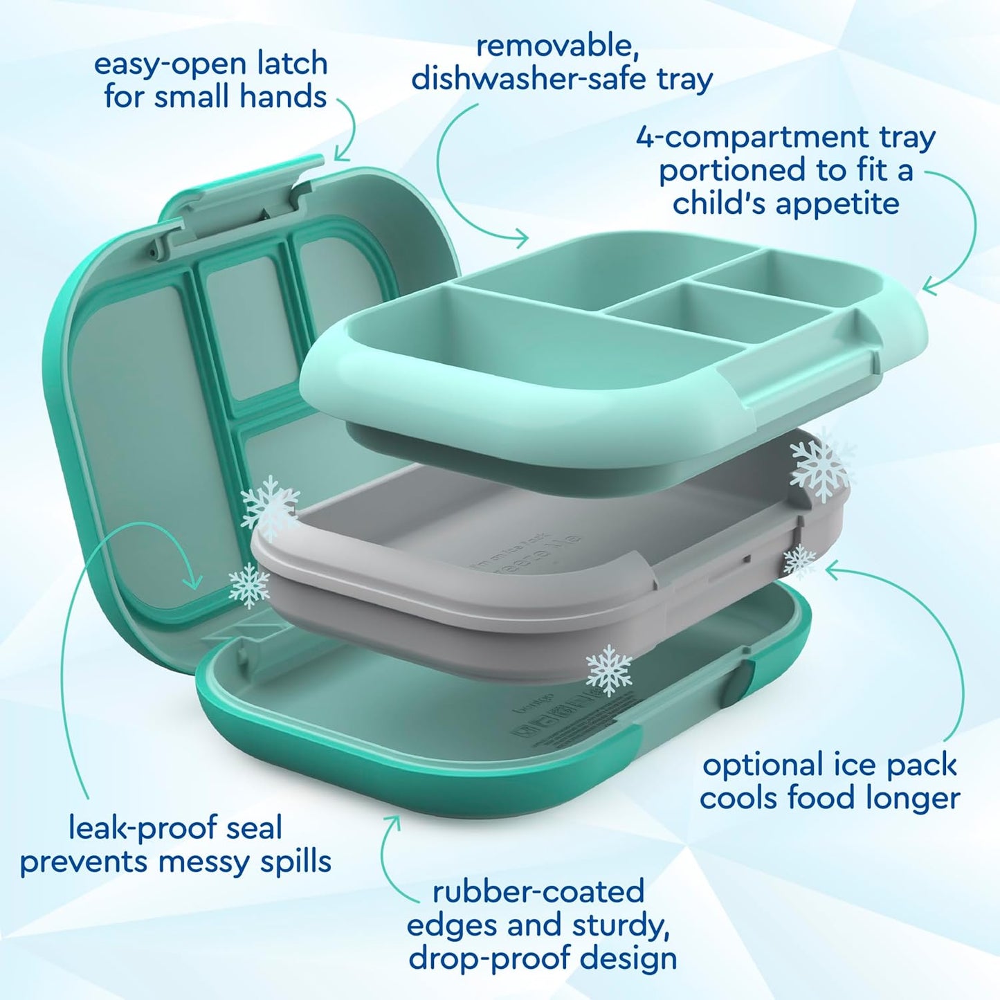 Bentgo Chill Kids Leak-Proof Lunch Box - 4-Compartment Bento Box with Built-In Ice Pack, 3.3 Cup Capacity, PFAS & BPA-Free, Microwave & Dishwasher Safe, Ideal Size for Ages 3 to 7 (Truly Teal)
