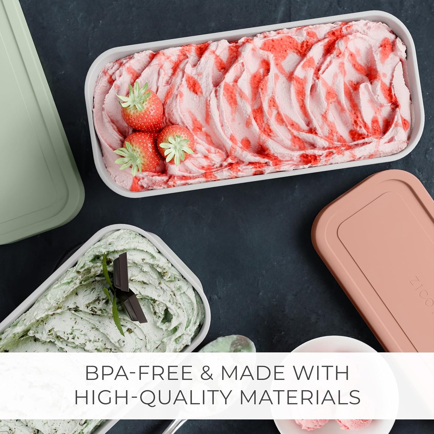 ZICOTO Set of 2 Reusable Ice Cream Tub Containers 2 Quart Each - Perfect for Homemade Sorbet, Frozen Yogurt Or Gelato - Stackable Storage Containers, Stickers And Lids Stores Easily In Freezer