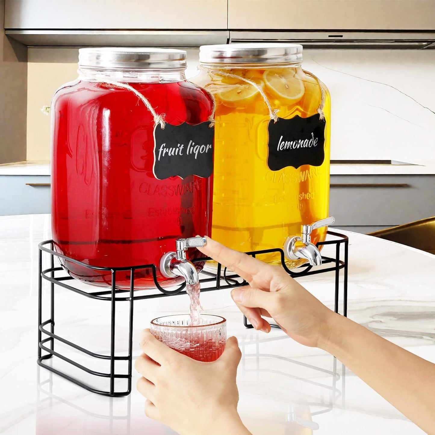 2 Gallon Drink Dispensers for Parties, 2 Pack Glass Beverage Dispenser with Stand & 18/8 Stainless Steel Spigot, Lemonade Jug for Wedding, Picnic, BBQ