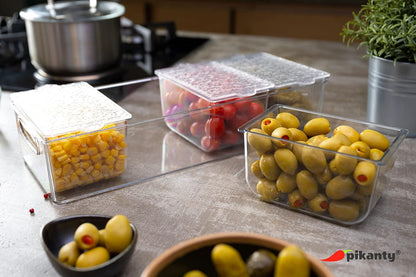 Pikanty Clear Refrigerator Organizer Bin with Handles — 15 Inch Stackable Fridge and Pantry Storage Container for Snacks, Produce, Cans, Yogurt, Condiments, Dishwasher and Freezer Safe, Made in USA