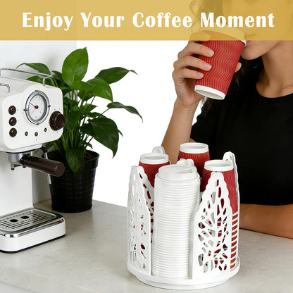 Rotating Coffee Cup Holder, Cup Dispenser with 4 Compartments, Plastic Cups Lid Organizer for Countertop, Coffee Station, Home, Office (white)