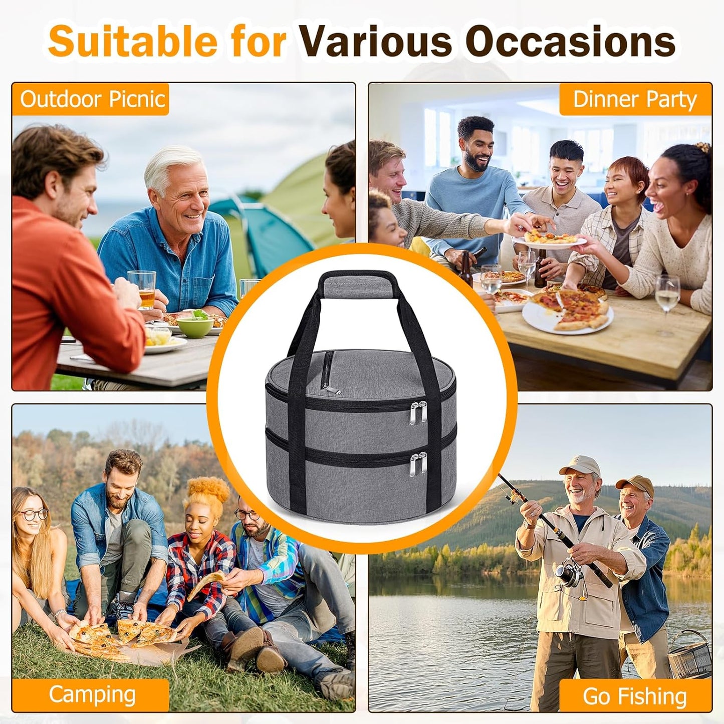 Round Insulated Casserole Carrier – 12" Portable Pie Carrier Bag for Hot or Cold Food, Leakproof Thermal Lunch Tote with Handle for Parties Picnic & Travel - Grey