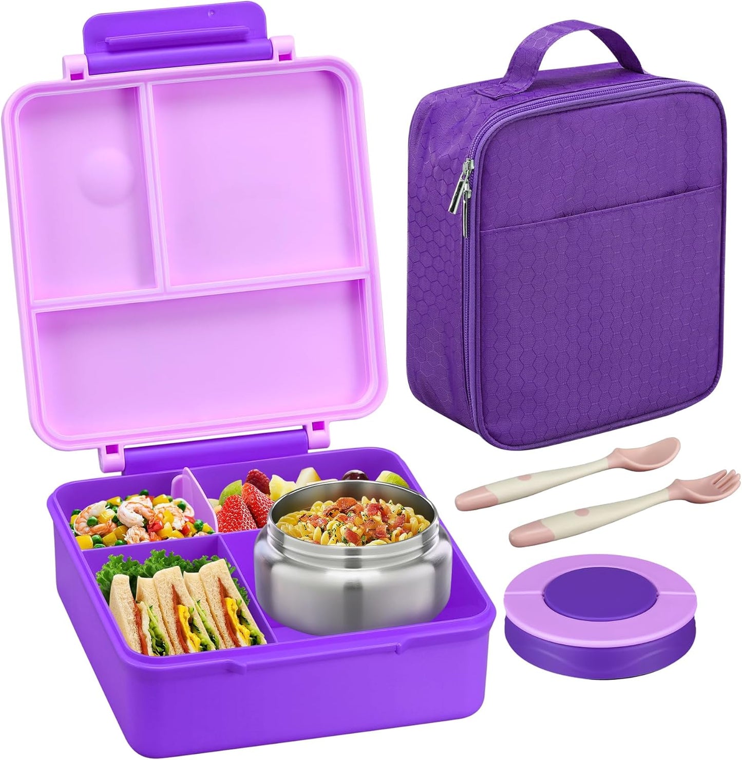 Itslife Bento Lunch Box for Kids with 8oz Soup Thermo&Lunch Bag, Leak-Proof Lunch Food Containers with 4 Compartment, Hot Food Insulated Food Jar for Kids School (Green)