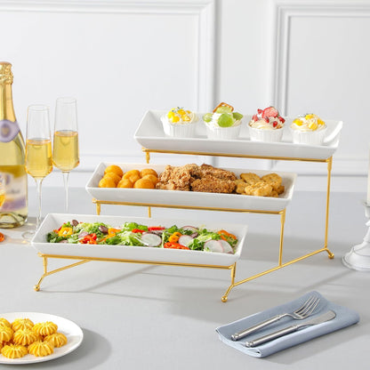 MALACASA 3 Tier Serving Trays for Party, Porcelain Serving Platters and Trays, 12 Inch Tiered Tray Stand, Fruit Tray, Trays for Serving Food, White Dessert Stand with Collapsible Sturdier Metal Rack