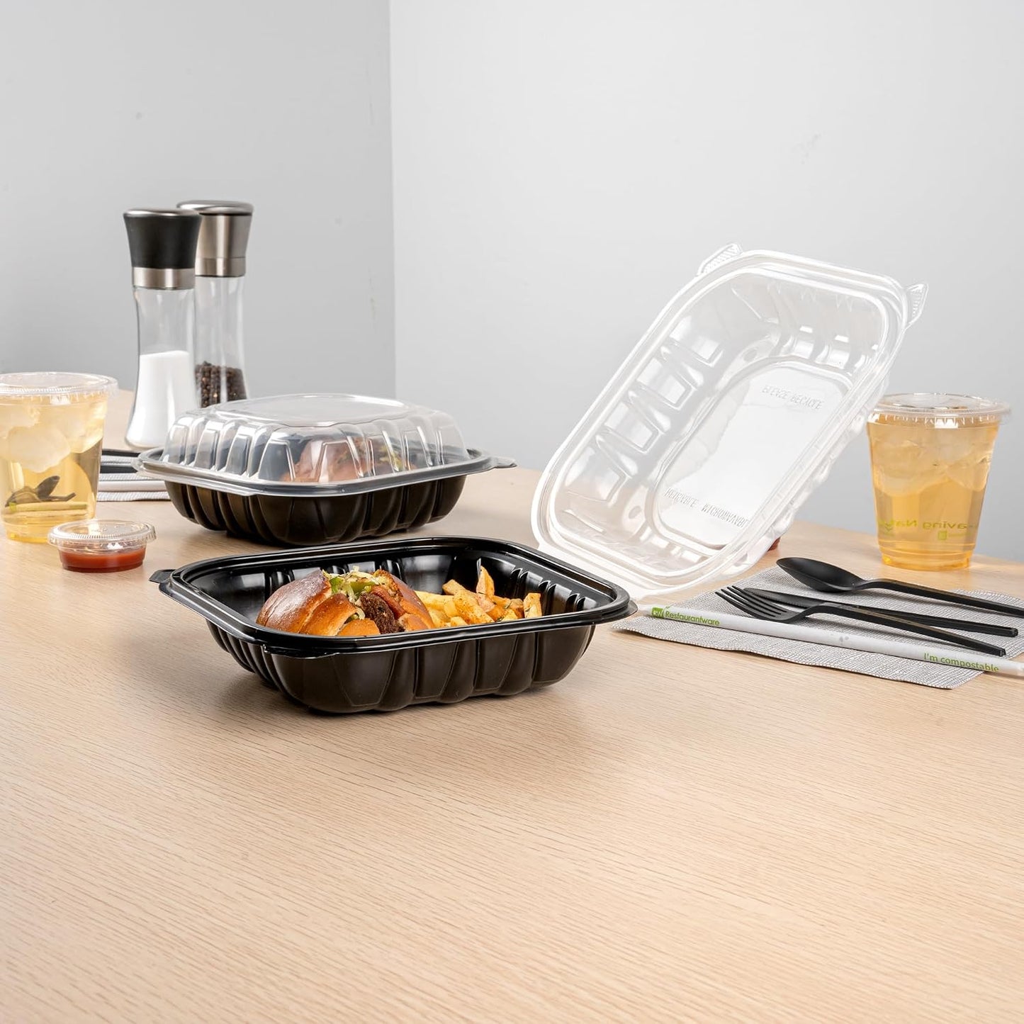 Thermo Tek 40 Ounce Clamshell Containers, 50 Disposable Take Out Boxes - 3 Compartments, Ventilated Lids, Black Plastic Meal Prep Containers, Microwavable, For Pasta Or Salads - Restaurantware