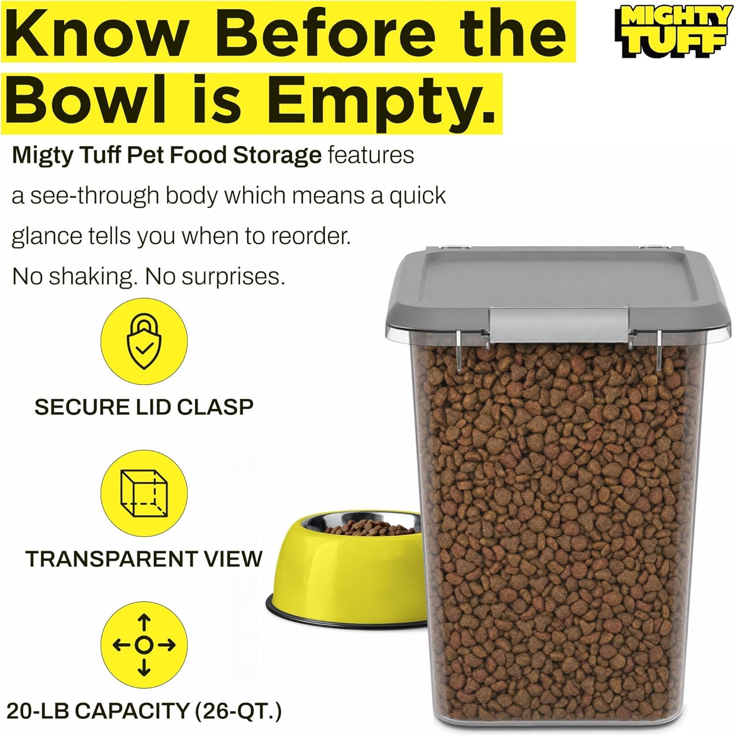 Mighty Tuff 20 lb Dog Food Container, Cat Food Storage Bin Airtight with Stainless Steel Latch, Clear Plastic Pet Container with Lid for Kitchen Pantry Organization