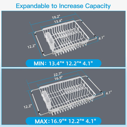 JASIWAY Dish Drying Rack in Sink, Expandable Stainless Steel Dish Drainers for Kitchen Counter, Dish Dryer Rack for Inside Sink, Over The Sink Dish Racks with Utensil Holder, Silver