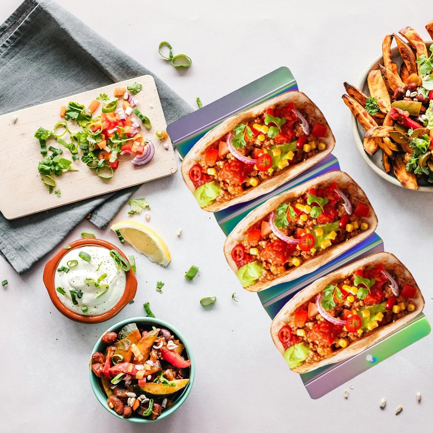 Gold Taco Holder Stand with Handles for Party, Set of 6 Stainless Steel Taco Tray, Rack Holds Up to 3 Tacos Each Stackable storage, Dishwasher Oven safe