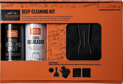 Traeger Grills Deep Cleaning Kit - Exterior Detailing Spray (16oz), Foaming Degreaser (16oz), Grill Scraper & Pad, Microfiber Towels, Nitrile Gloves - Tools for cleaning Grill, Smoker, Oven, Griddle
