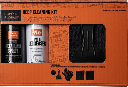 Traeger Grills Deep Cleaning Kit - Exterior Detailing Spray (16oz), Foaming Degreaser (16oz), Grill Scraper & Pad, Microfiber Towels, Nitrile Gloves - Tools for cleaning Grill, Smoker, Oven, Griddle