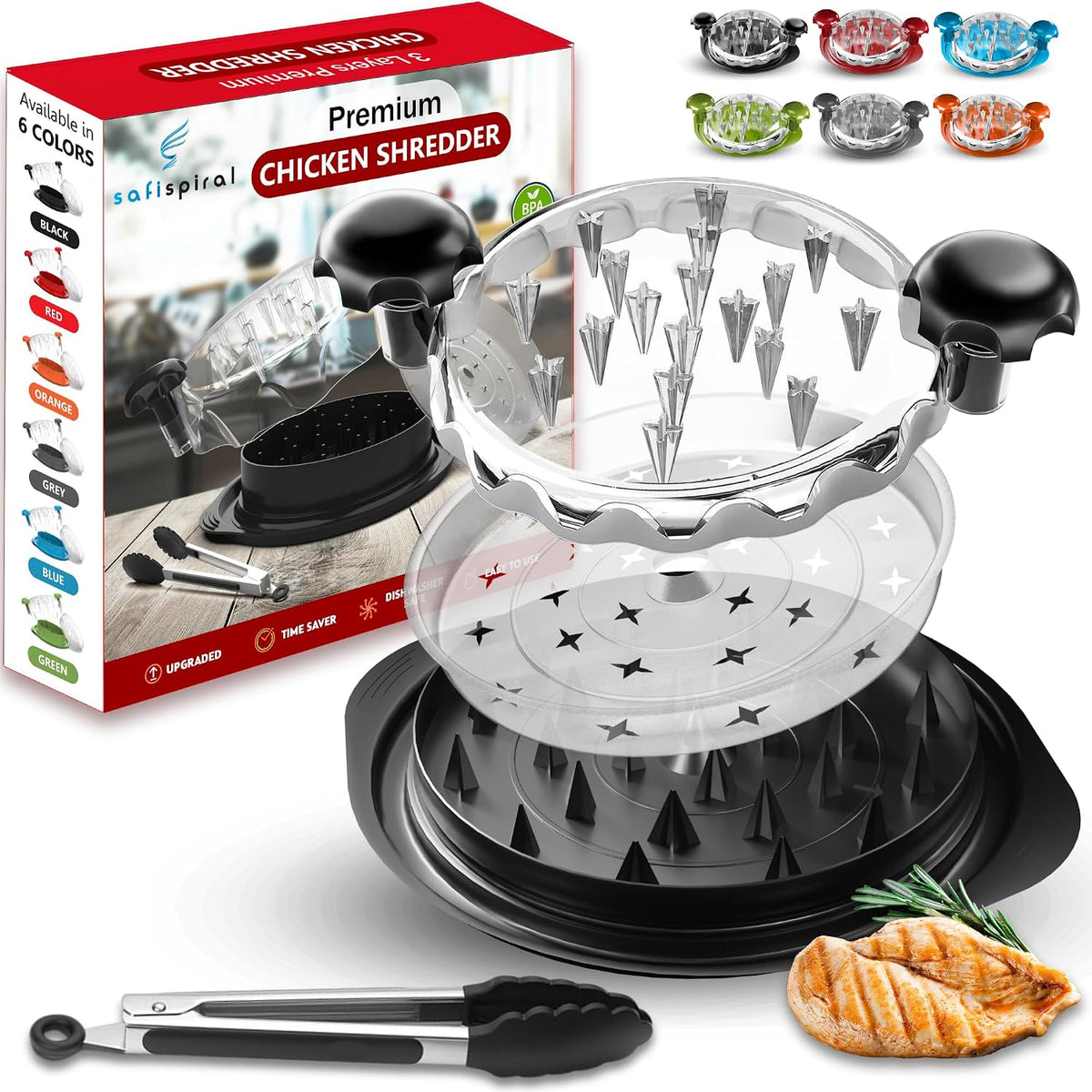 Chicken Shredder Tool Twist Large – 10.2 Inch Non Slip Meat Shredder with Removable Tray- BPA Free, Dishwasher Safe, Heat Resistant Chicken Breast Shredder with Handle & Serving Tong