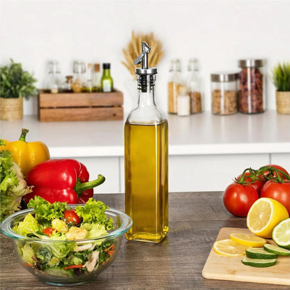 GREENOLIVE Olive Oil and Vinegar Dispenser Set - 17 oz. Glass Bottles with No-Drip BPA-Free Spouts - Stylish O and V Identifiers for Kitchen and Dining Use, Olive Oil Dispenser Bottle - Set of 2