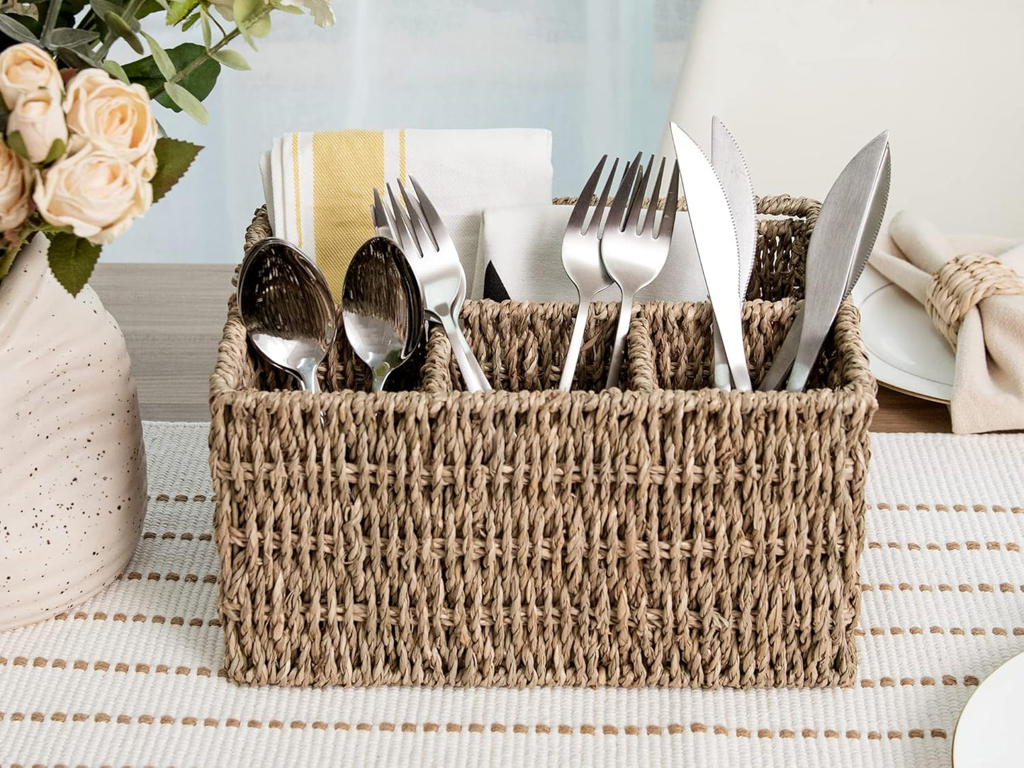 StorageWorks Wicker Silverware Organizer with Handle, Seagrass Kitchen Utensil Holder, Large Utensil Holder for Kitchen Counter, Spoon Forks Knife Cutlery Caddy, Paper Plate Dispenser for Countertop