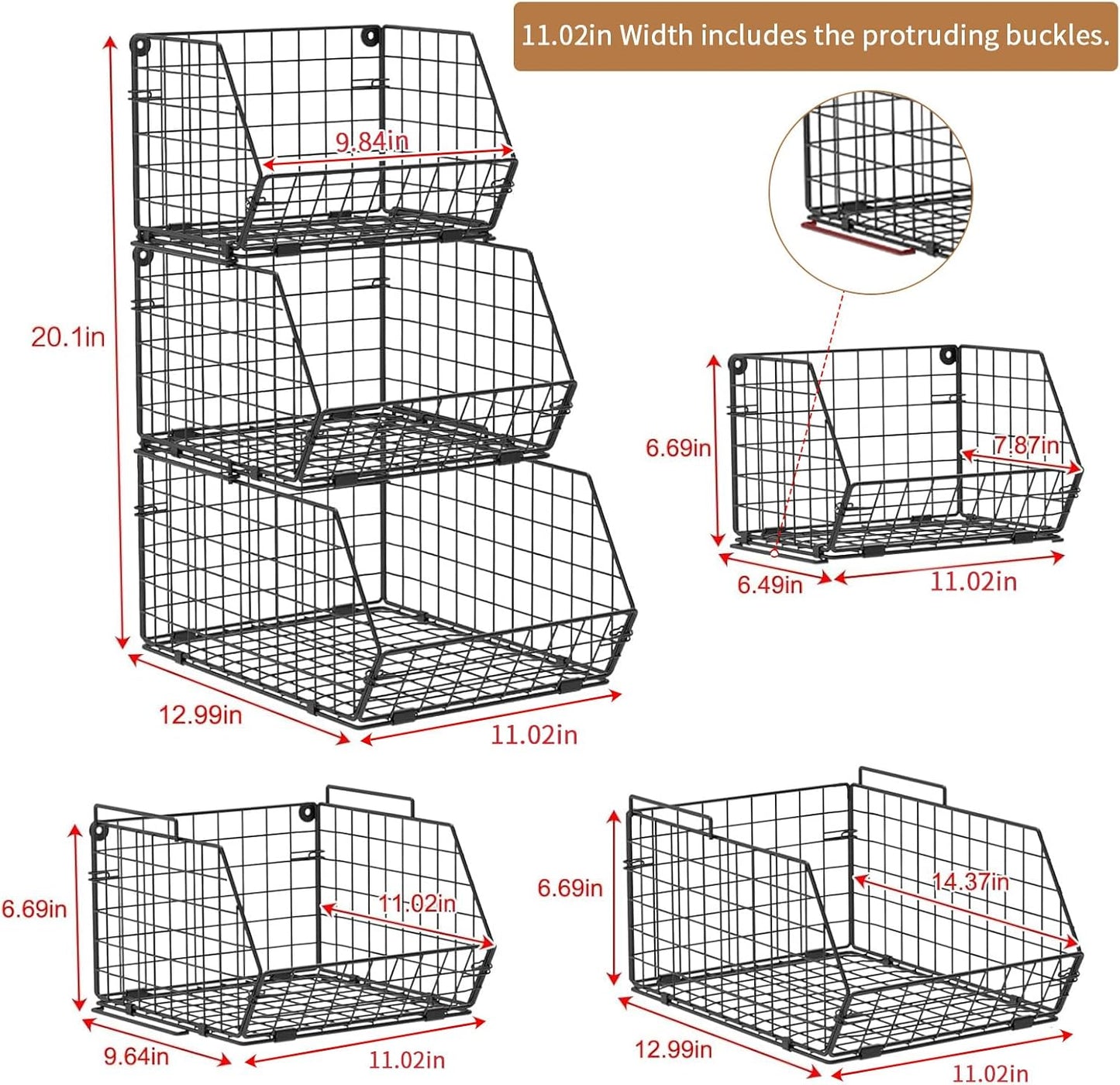 3-Tier Stackable Wire Baskets for Counter, Fruit and Vegetable Storage, Potato and Onion Storage Bin，Kitchen Pantry Organizer - Wall Basket for Produce/Snack/Can, Black