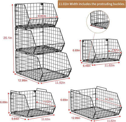 3-Tier Stackable Wire Baskets for Counter, Fruit and Vegetable Storage, Potato and Onion Storage Bin，Kitchen Pantry Organizer - Wall Basket for Produce/Snack/Can, Black