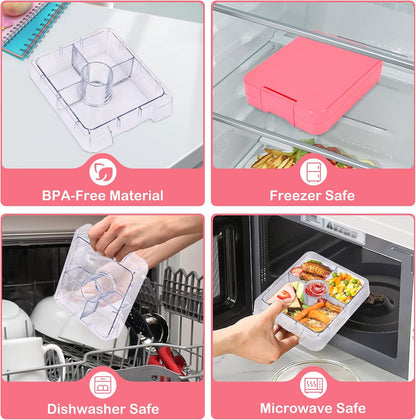 Pawtong Bento Lunch Box Set With 10oz Soup Thermo, Leak-proof Lunch Containers with 4 Compartment, Kids Hot Thermo Food Jar/Insulation Lunch Bag, Food Containers for School（Dinosaur）