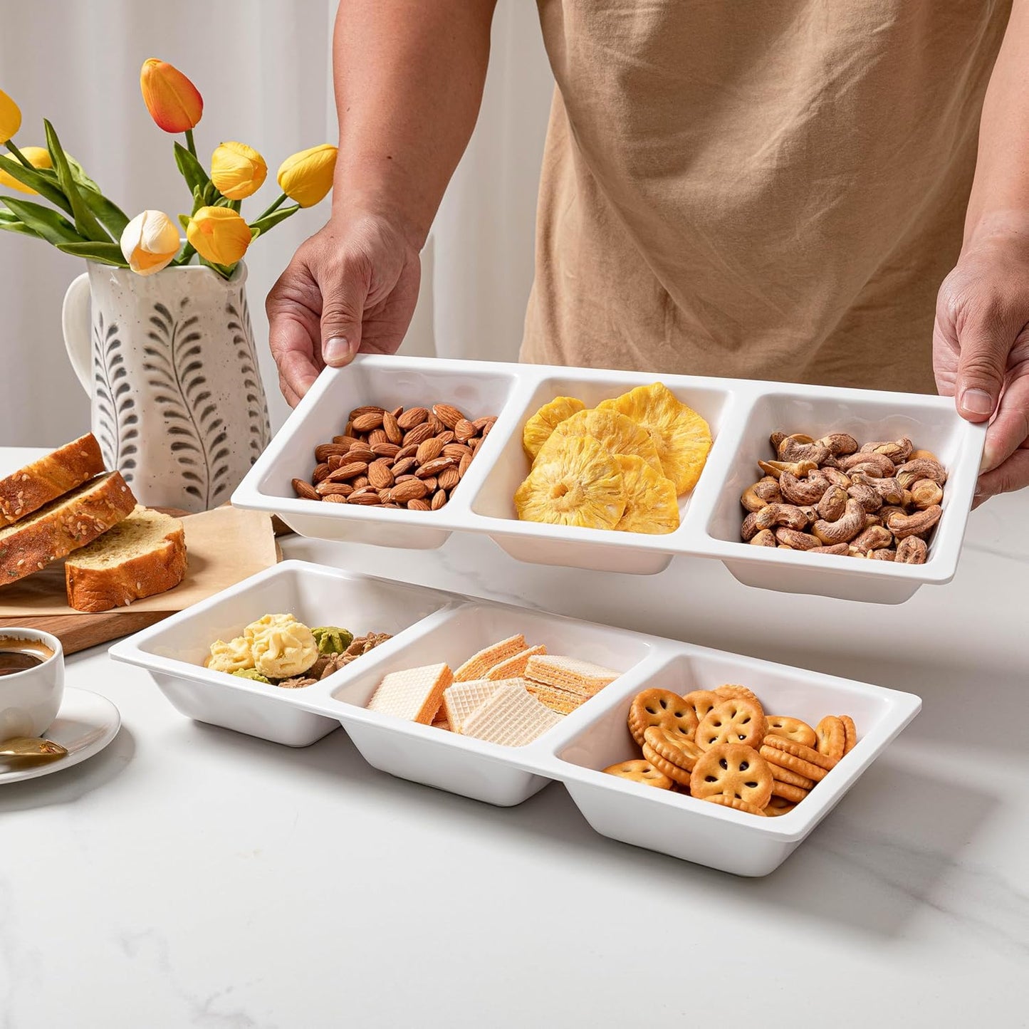 Chip & Dip Serving Tray Set, 4 Sectional Round Melamine Serving Platter, Relish Tray, Round Compartment Appetizer platter for Veggies, Candy and Snacks, Matte Black, Set of 2