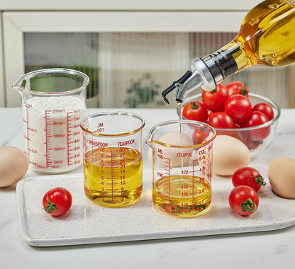 3 Piece Glass Measuring Cup Set, Includes 1/2-Cup, 1-Cup, and 2-Cup High Borosilicate Glasss Liquid Measuring Cups, Dishwasher, Freezer, Microwave, and Preheated Oven Safe, Essential Kitchen Tools