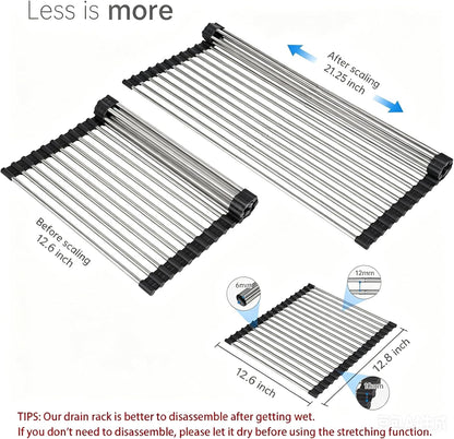 Expandable Roll Up Dish Drying Rack Over The Sink Rack, Foldable Dish Drainer Rack Stainless Steel for Large Sink, Silicone Rollable Collapsible Rack 18 Tube for Kitchen(Sliver,12.8'' to 21.25”)