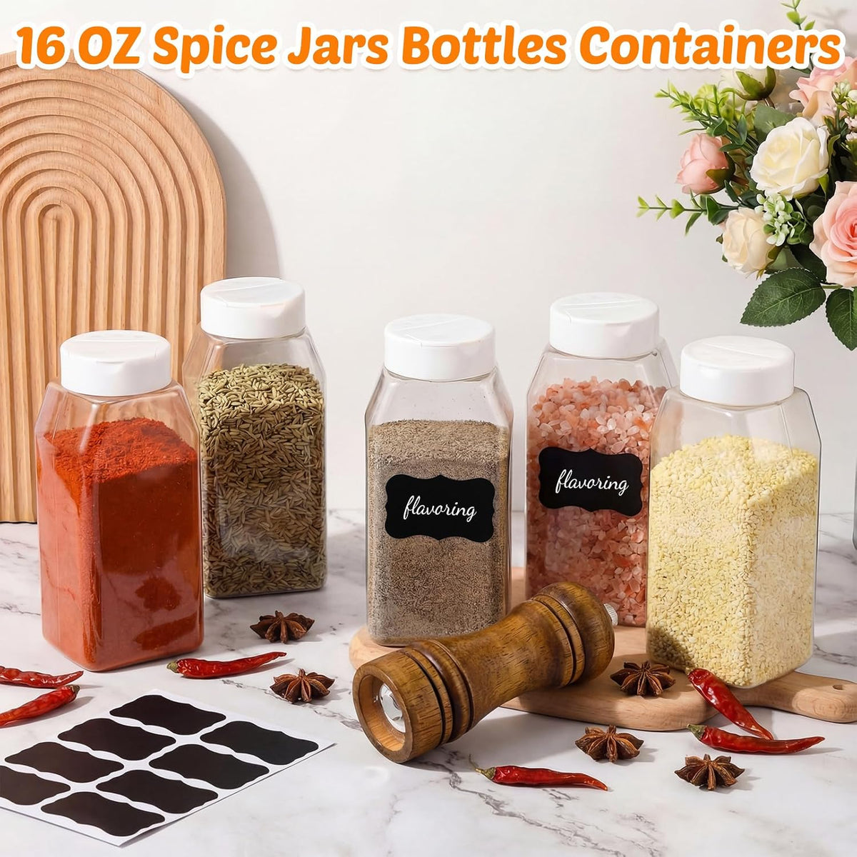 Mifoci 28 Pack 16 oz Black Plastic Spice Jars with Cap