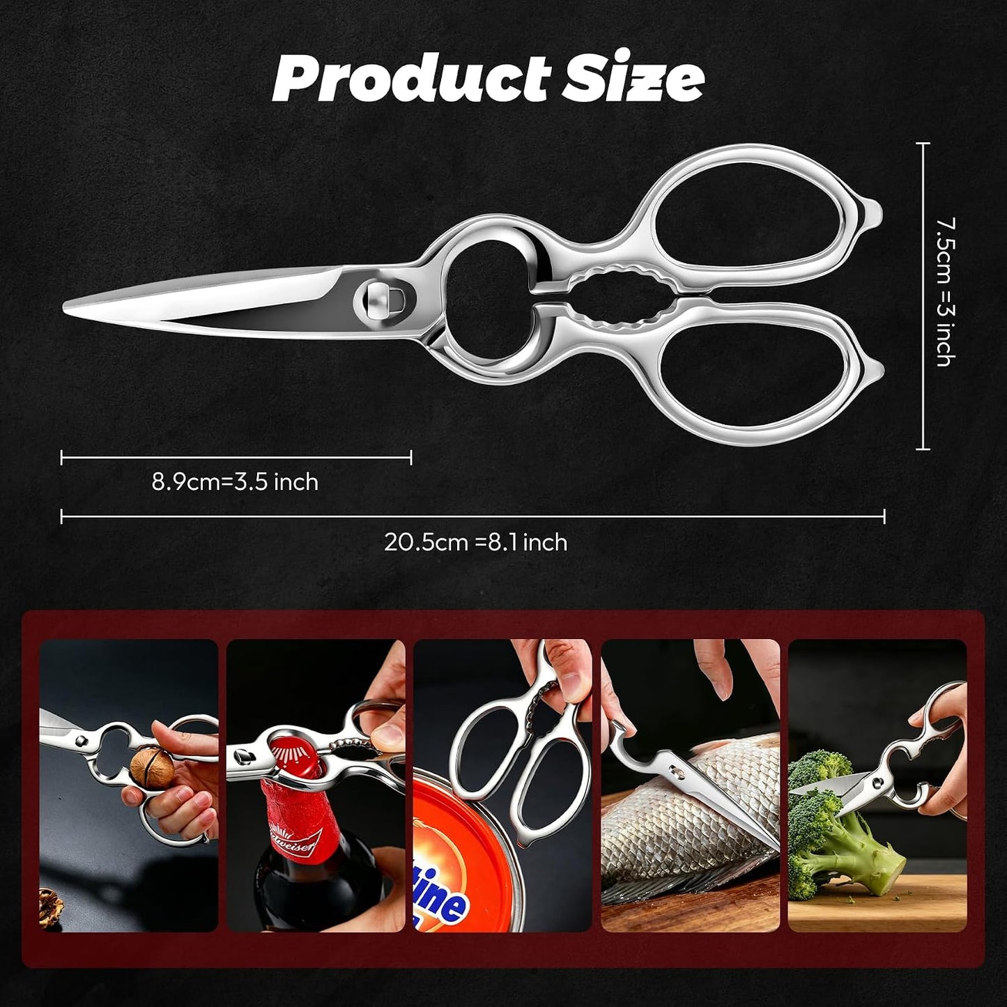 Stainless Steel Kitchen Shears Heavy Duty Full-Steel Forged Metal Scissors for Food, Professional Chef Shears Bone Cutting Meat Pizza Scissors Kitchen Utensils Come Apart, Silver