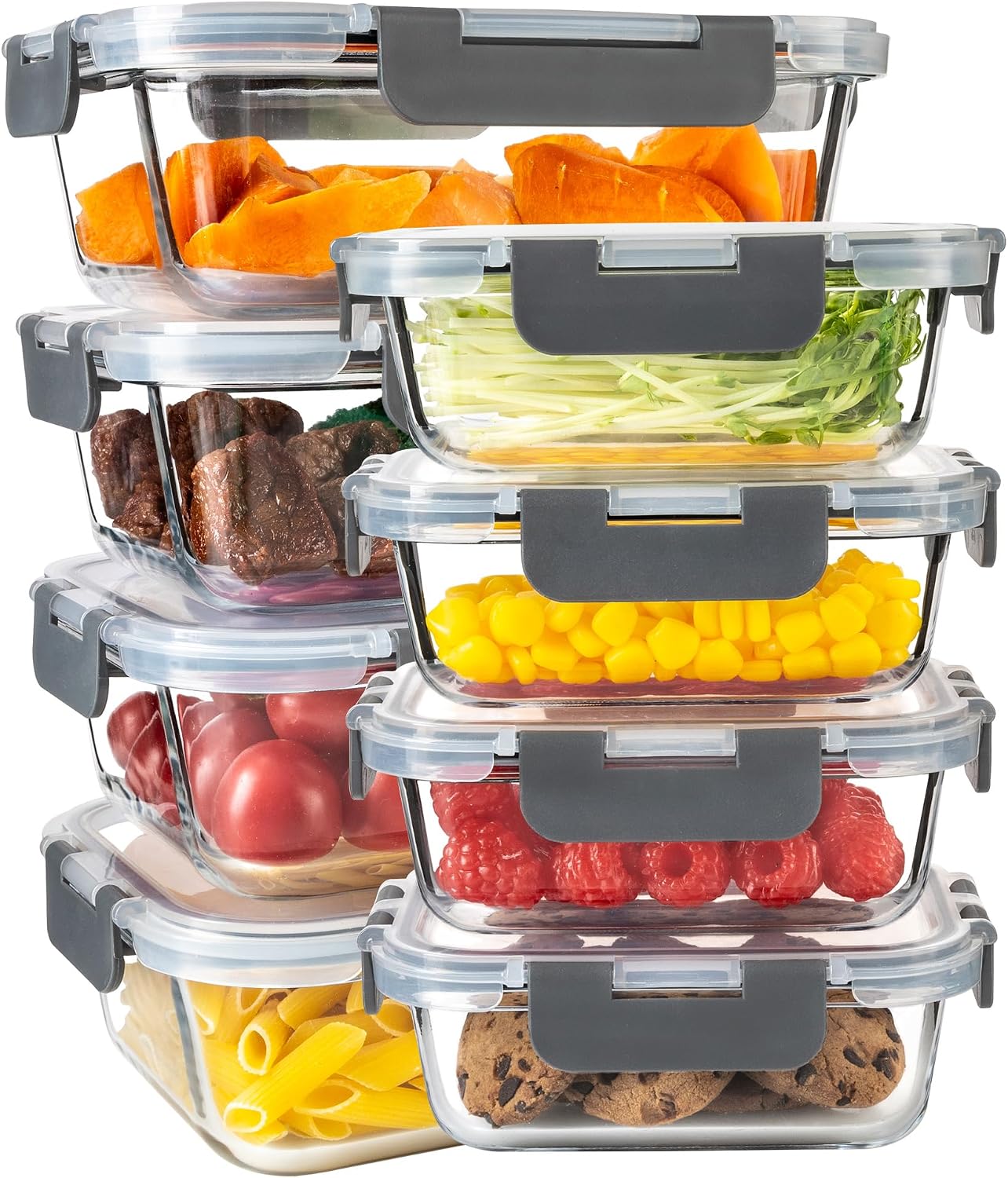 16PCS (8 Bowls + 8 Lids) High Borosilicate Glass Meal Prep Containers, Food Storage Containers with Airtight Lids, Glass Lunch Bento Boxes,Dishwasher Safe, blue